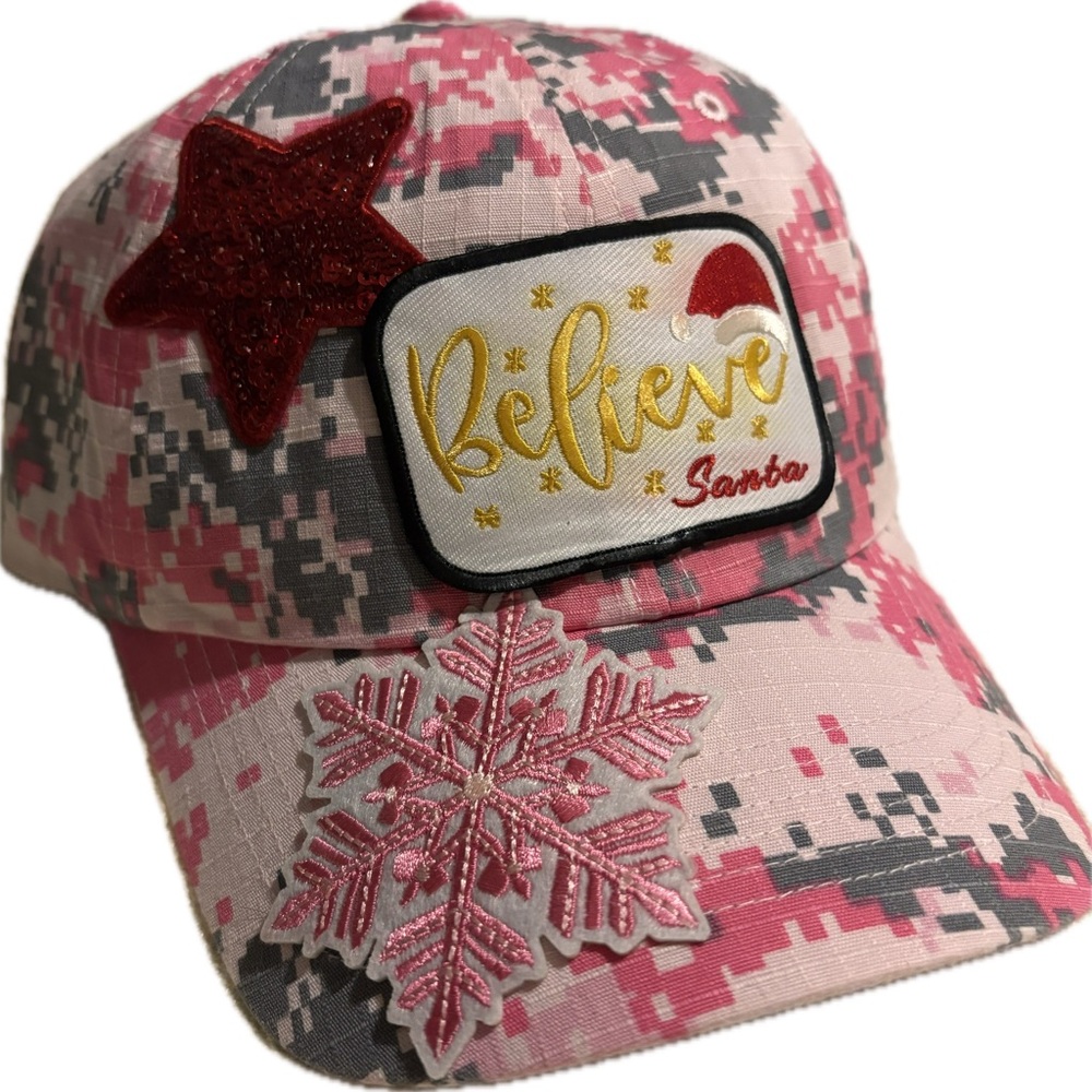 Festive Pink and Gray Camo Cap with Patches